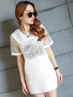 เสื้อแฟชั่นกึ่งเดรส EXCITING Barcodeแต่งแขนซีทรู ใส่เที่ยวเก๋ไก๋ รหัส 1353-สีขาว