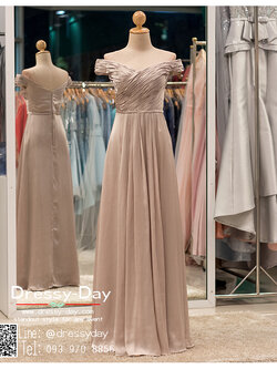 รหัส ชุดราตรี : PFL027 ชุดราตรียาวพร้อมส่ง สีแชมเปญ แบบมีแขนเปิดไหล่ โอบไหล่ จับเดรปอก ผ้าเครปซาตินอย่างดี ใส่ไปงานแต่งงานกลางคืน ชุดงานเลี้ยง ชุดพิธีกร น่ารักมาก