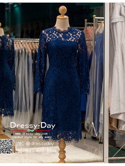 รหัส ชุดราตรีสั้น :PK040 ชุดแซก ชุดราตรี สีน้ำเงิน ลูกไม้ มีแขนเรียบหรูเหมาะใส่ออกงานกลางคืน งานคอกเทล