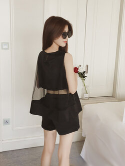 ชุดเซ็ทเสื้อ กางเกงขาสั้น แต่งซีทรูสวยหรูสไตล์เกาหลี รหัส 1663-สีดำ