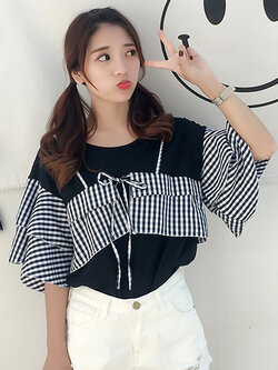 เสื้อแฟชั่นคอกลมแต่งผ้าลายสก๊อตแขนระบายสองชั้นสุดน่ารักสไตล์เกาหลี รหัส 1622-สีดำ