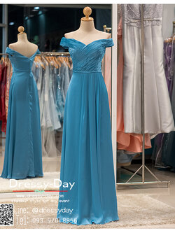 รหัส ชุดราตรี : PFL027 ชุดราตรียาวพร้อมส่ง สีฟ้า แบบมีแขนเปิดไหล่ โอบไหล่ จับเดรปอก ผ้าเครปซาตินอย่างดี ใส่ไปงานแต่งงานกลางคืน ชุดไปงานแต่ง ชุดพิธีกร น่ารักมาก