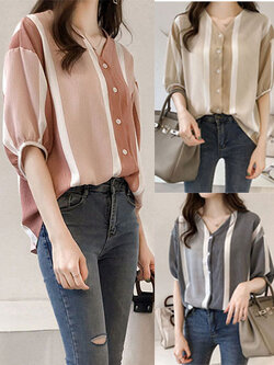 เสื้อแฟชั่นคอวี แต่งลายตรง แบบน่ารักสไตล์เกาหลี มี 3 สี รหัส 1899