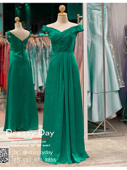 รหัส ชุดราตรี : PFL027 ชุดราตรียาวพร้อมส่ง สีเขียวปีกแมลงทับ แบบมีแขนเปิดไหล่ โอบไหล่ จับเดรปอก ผ้าเครปซาตินอย่างดี ใส่ไปงานแต่งงานกลางคืน ชุดงานเลี้ยง ชุดพิธีกร น่ารักมาก