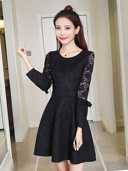 ชุดเดรสแฟชั่น คอกลมแต่งแขนผ้าลูกไม้ใส่ออกงานสวยหรู สไตล์เกาหลี-1534-สีดำ