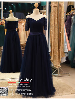 รหัส ชุดราตรี : PF071 -3 ชุดแซก ชุดราตรียาว หรู สีน้ำเงิน แขนยาว เรียบหรู เหมาะสำหรับงานแต่งงาน งานกลางคืน กาล่าดินเนอร์