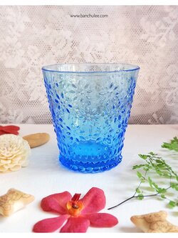 Vintage Short Glass Cup - Blue Flowers