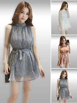 ชุดเดรสแฟชั่นแต่งลายดาวสวยสไตล์เกาหลีมี3สี รหัส2062