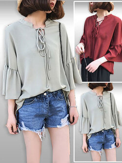 เสื้อแฟชั่นแขนระบายผูกโบว์คอสวยๆมี 3สี รหัส2055