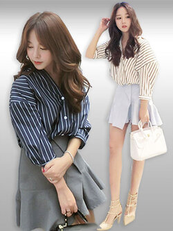 เสื้อแฟชั่นคอวีแขนสั้นแต่งลายริ้ว มี2สี รหัส2048