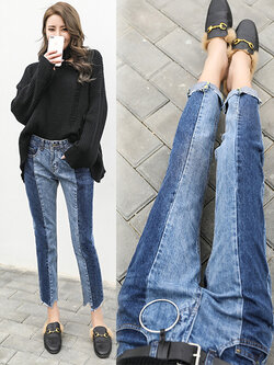 กางเกงยีนส์แท้ กึ่งบอลลูนแต่งสองสีเข้มกับสีอ่อนปลายขาตัดเฉลียง-3 ไซส์(26/28/30)-1579