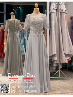 รหัส ชุดราตรี : PFL039 ชุดราตรียาวมีแขนตกแต่งด้วยลูกไม้งานสวย ชุดแซกซีทรูประดับกริตเตอร์อย่างสวยงาม ชุดไปงานแต่งสีเทาผ้าชีฟอง เรียบหรู เหมาะสำหรับงานแต่งงาน งานกลางคืน กาล่าดินเนอร์ ชุดออกงาน