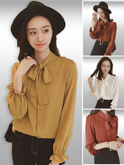 เสื้อแฟชั่นคอแต่งโบว์สวยหวาน มี 4สี 6ไซส รหัส2206