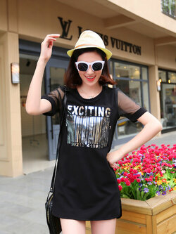 เสื้อแฟชั่นกึ่งเดรส EXCITING Barcodeแต่งแขนซีทรู ใส่เที่ยวเก๋ไก๋ รหัส 1353-สีดำ