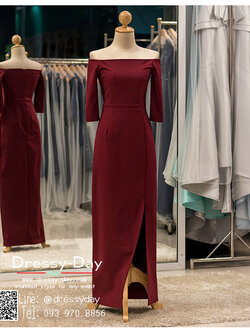 รหัส ชุดราตรียาวคนอ้วน : PK006 ชุดแซก ชุดราตรียาวมีแขน หรู สีแดง ไหล่ปาด เรียบหรู เหมาะสำหรับงานแต่งงาน งานกลางคืน กาล่าดินเนอร์