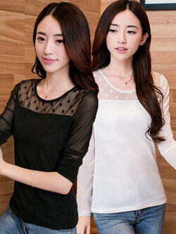 เสื้อแฟชั่น ผ้าชีฟองแต่งผ้าตาข่ายลายจุด มี 2 สี
