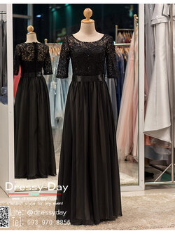 รหัส ชุดราตรียาว : bb022 ชุดแซก ชุดราตรี สีดำ แขนยาวเรียบหรูเหมาะใส่ออกงานกลางคืน งานคอกเทล กระโปรงบาน