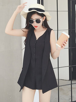 ชุดจั้มพ์สูทแฟชั่นแขนกุด ขาสั้น คอวี-1479-สีดำ