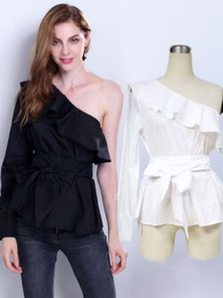 เสื้อแฟชั่นเปิดไหล่ข้างเดียว แต่งระบายอก ดีไซน์เก๋สไตล์เกาหลี มี 2 สี รหัส 1772