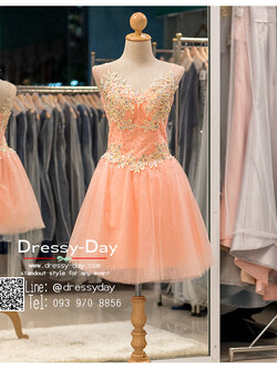 รหัส ชุดราตรีสั้น :BB139 ชุดแซก after party ชุดราตรีแบบสั้นแขนยาว สีโอรส แขนกุด สวยๆ ด้านหลังเป็นคลอเส็ทผูกเชือกกระชับกับลำตัว