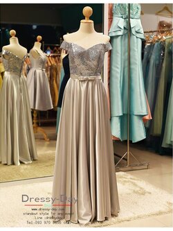 รหัส ชุดราตรี :PFV078 ชุดแซก ชุดราตรียาว หรู สีเทา ประดับเลื่อม มีโบว์ที่เอว เหมาะสำหรับงานแต่งงาน งานกลางคืน กาล่าดินเนอร์