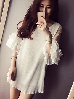 ชุดเดรสแฟชั่นอัดพลีท แต่งแขนผ้าระบายชาย 3 ชั้นสวยน่ารักสไตล์เกาหลี-1588-สีขาว