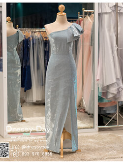 รหัส ชุดราตรียาวคนอ้วน :PK013 ชุดแซก ชุดราตรียาวมีแขน หรู สีฟ้า ไหล่เดียว เรียบหรู เหมาะสำหรับงานแต่งงาน งานกลางคืน กาล่าดินเนอร์