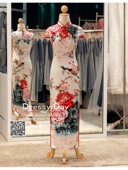 รหัส ชุดกี่เพ้า : KPL128 ชุดกี่เพ้าแฟชั่น 2020 ประยุกต์ แบบยาว พร้อมส่ง ลายดอกโบตั๋น คนอ้วน อวบ ใส่สวย