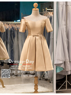 รหัส ชุดราตรีสั้น :PF064-2 ชุดแซก ชุดราตรีสั้นสีทอง มีแขน ผ้าไหม ด้านหลังเป็นคลอเส็ทผูกเชือกกระชับกับลำตัว แบบหรูและดูดี เหมาะใส่ออกงานแต่งงาน งานกลางวัน กลางคืน กาล่าดินเนอร์