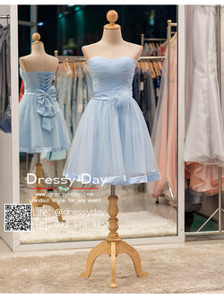 รหัส ชุดราตรีสั้น : bb035 ชุดแซก ชุดราตรีเกาะอก สีฟ้า กระโปรงบาน เหมาะใส่ออกงานกลางวัน กลางคืน งานคอกเทล