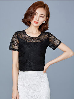 เสื้อแฟชั่นชีฟอง แขนสั้น แต่งด้วยด้ายถักลวดลาย -1324-สีดำ