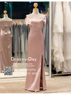 รหัส ชุดราตรียาว : PFL110 ชุดไปงานแต่งสีชมพู แบบมีแขน เปิดไหล่ ชุดไปงานแต่งงานกลางคืน เรียบ หรู ดูแพง พร้อมส่ง