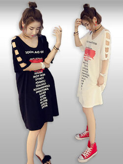 ชุดเดรสแขนสั้นโชว์ไหล่สุดเก๋ มี 2 สี รหัส2085