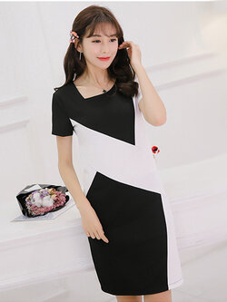 ชุดเดรสแฟชั่นคอเฉียง แต่งถาบขาวดำตามแบบสวยเก๋ รหัส 1639