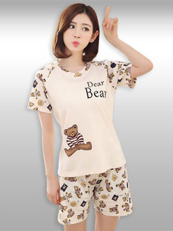 ชุดเซ็ทเสื้อกางเกงสีเบจลายลูกหมีสุดน่ารัก รหัส2091