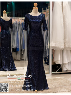 รหัส ชุดเจ้าภาพ : PFL088 ชุดราตรียาว สีน้ำเงิน/สีเนวี่บลู NAVY BLUE แขนยาว ปักเลือมทั้งชุด ชุดราตรีสวยๆ ใส่ไปงานแต่งงาน งานเลี้ยง งานรับรางวัล งานกาล่าดินเนอร์