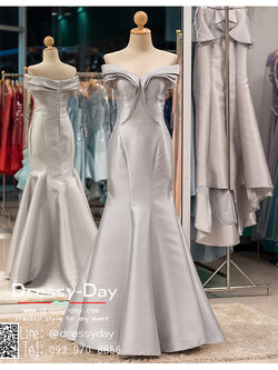 รหัส ชุดราตรียาว : PF052 - 4 ชุดแซก ชุดราตรีชุดไปงานแต่ง after party สีเทา แบบเปิดไหล่ ชุดยาวสุดหรูเหมาะใส่ออกงานกลางคืน งานแต่งงาน