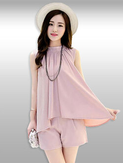 ชุดเซทเสื้อแฟชั่นคอกลมแขนกุดกางเกงขาสั้น สไตล์เรียบหรู รหัส 1656-สีชมพู