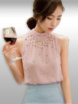 เสื้อแขนกุดแต่งมุกผูกโบว์สวยสไตล์เกาหลี มี 3สี รหัส1817