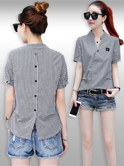 เสื้อแฟชั่นคอวีลายตารางสุดฮิต รหัส 2173