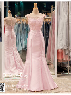 รหัส ชุดราตรียาว : PF086 ชุดแซก ชุดราตรี after party แบบเปิดไหล่สีชมพู ประดับมุก ชุดยาวสุดหรูเหมาะใส่ออกงานกลางคืน งานแต่งงาน