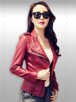 เสื้อหนังสีแดงไวน์แขนยาวซิปหน้าเฉียงรหัส1973