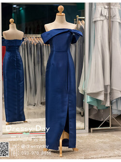 รหัส ชุดราตรียาวคนอ้วน : PK012 ชุดแซก ชุดราตรียาวมีแขน หรู สีน้ำเงิน ไหล่ปาด ผ้าไหม เรียบหรู เหมาะสำหรับงานแต่งงาน งานกลางคืน กาล่าดินเนอร์