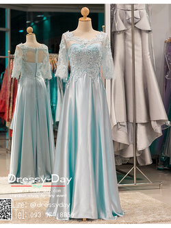 รหัส ชุดราตรี : PFL037 ชุดราตรียาวมีแขนตกแต่งด้วยลูกไม้งานสวย ชุดไปงานแต่งสีฟ้าผ้าเครป เรียบหรู