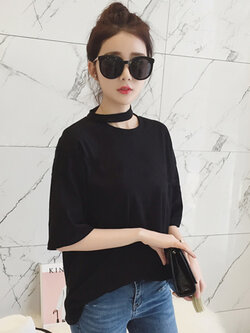 เสื้อยึดแฟชั่นคอกลม แขนสั้น ดีไซน์แต่งสายคล้องคอ-1492-สีดำ