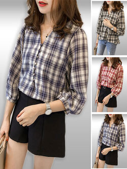 เสื้อเชื๊ตแฟชั่นคอวีแขนสามส่วนลายสก็อตรหัส1933