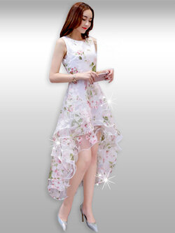 ชุดเดรสแฟชั่นลายดอกไม้สีชมพูระบายสามชั้นรหัส1834