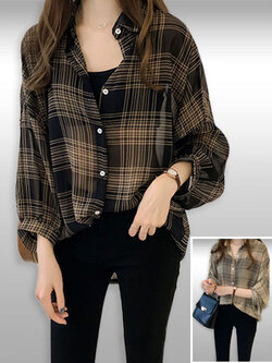 เสื้อเชิ๊ตแฟชั่นลายสก็อตใส่สบาย 2 สี รหัส1935