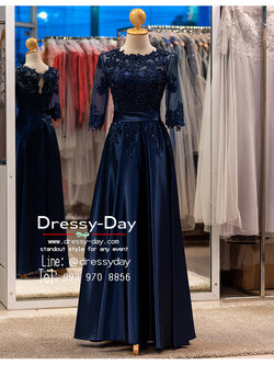 รหัส ชุดราตรียาว : AN429 เดรสออกงาน ชุดแซก ชุดราตรียาวสีน้ำเงินแขนยาว ผ้าซาตินใส่สบาย