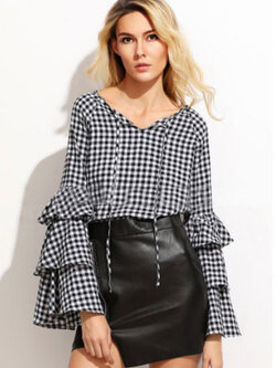 เสื้อแฟชั่นลายสก๊อตสุดฮิต แขนยาวแต่งระบาย 2 ชั้น สไตล์เกาหลี รหัส 1783